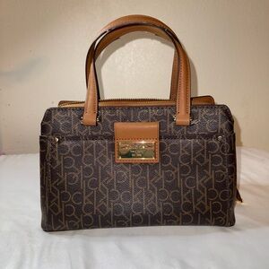 Calvin Klein Brown Logo Satchel with Tan Trim